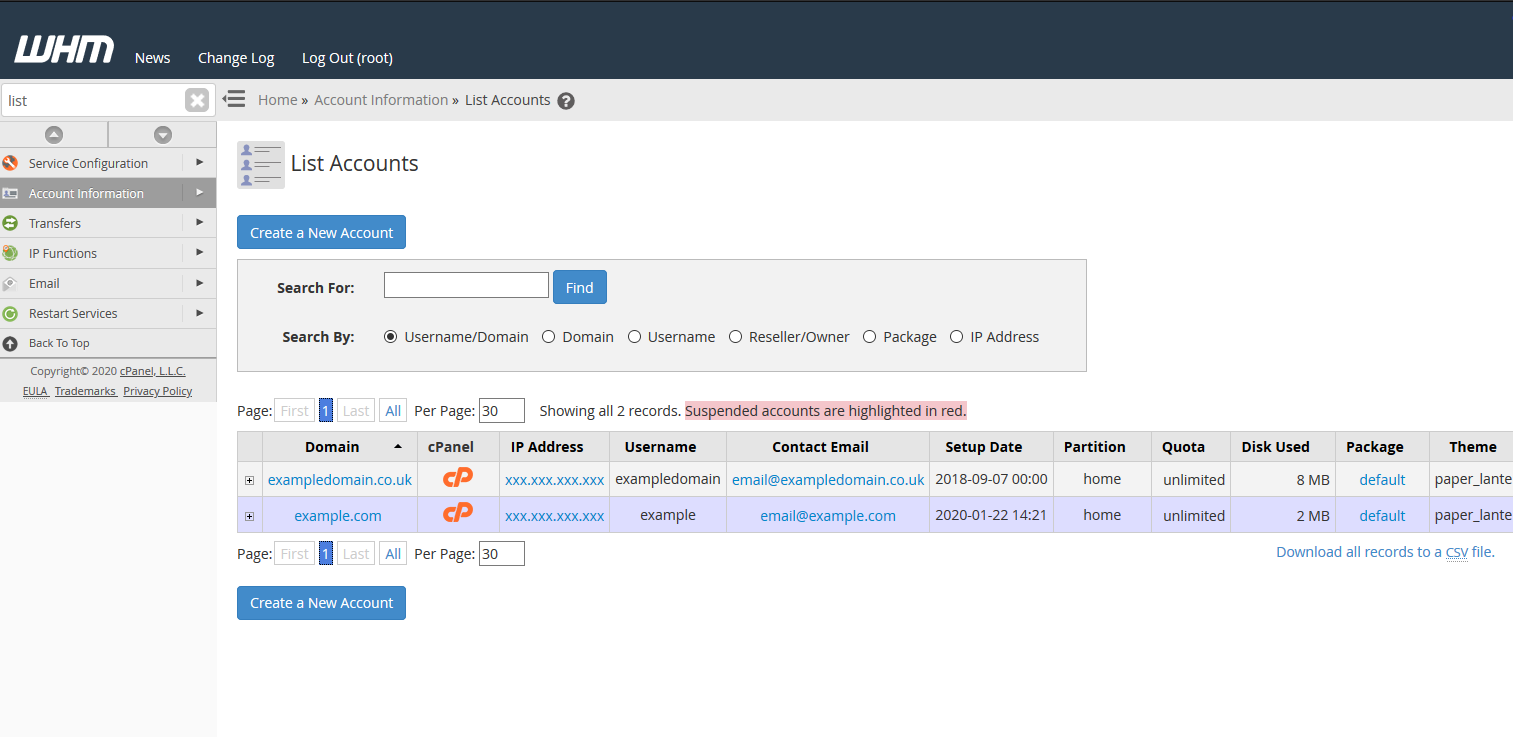 cPanel List accounts to see the transferred site