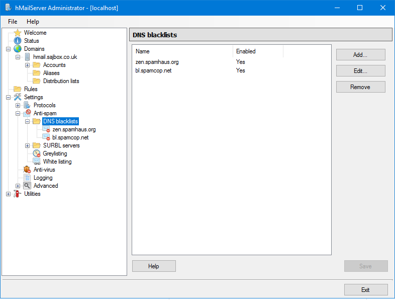 hMailServer > Settings > Anti-spam > DNS Blocklists