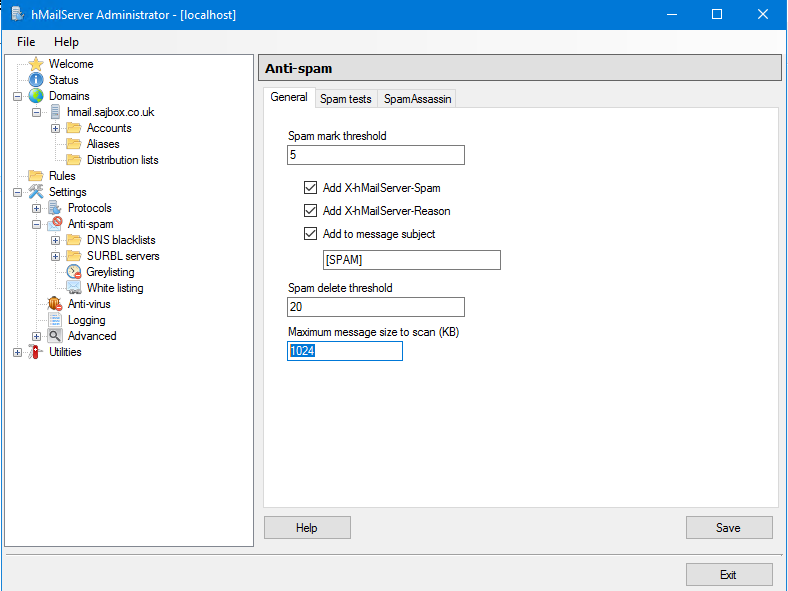 hMailServer > Settings > Anti-spam > General