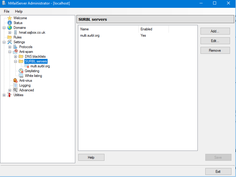 hMailServer > Settings > Anti-spam > SURBL servers