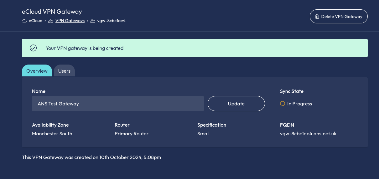 Create VPN Gateway confirmation