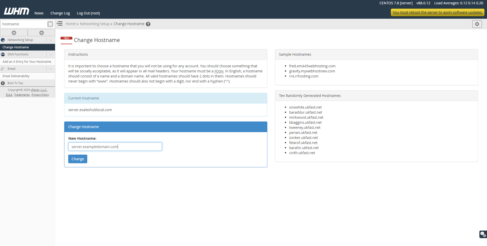 WHM Change Hostname Page